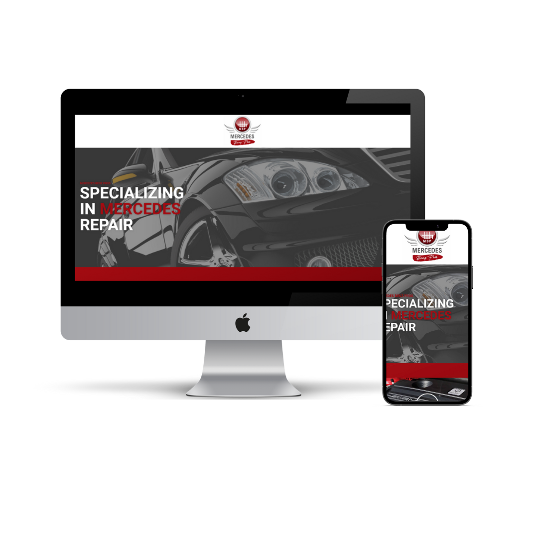 A computer screen and phone screen showing the website Quantus Creative created for Mercedes Benz Pros.