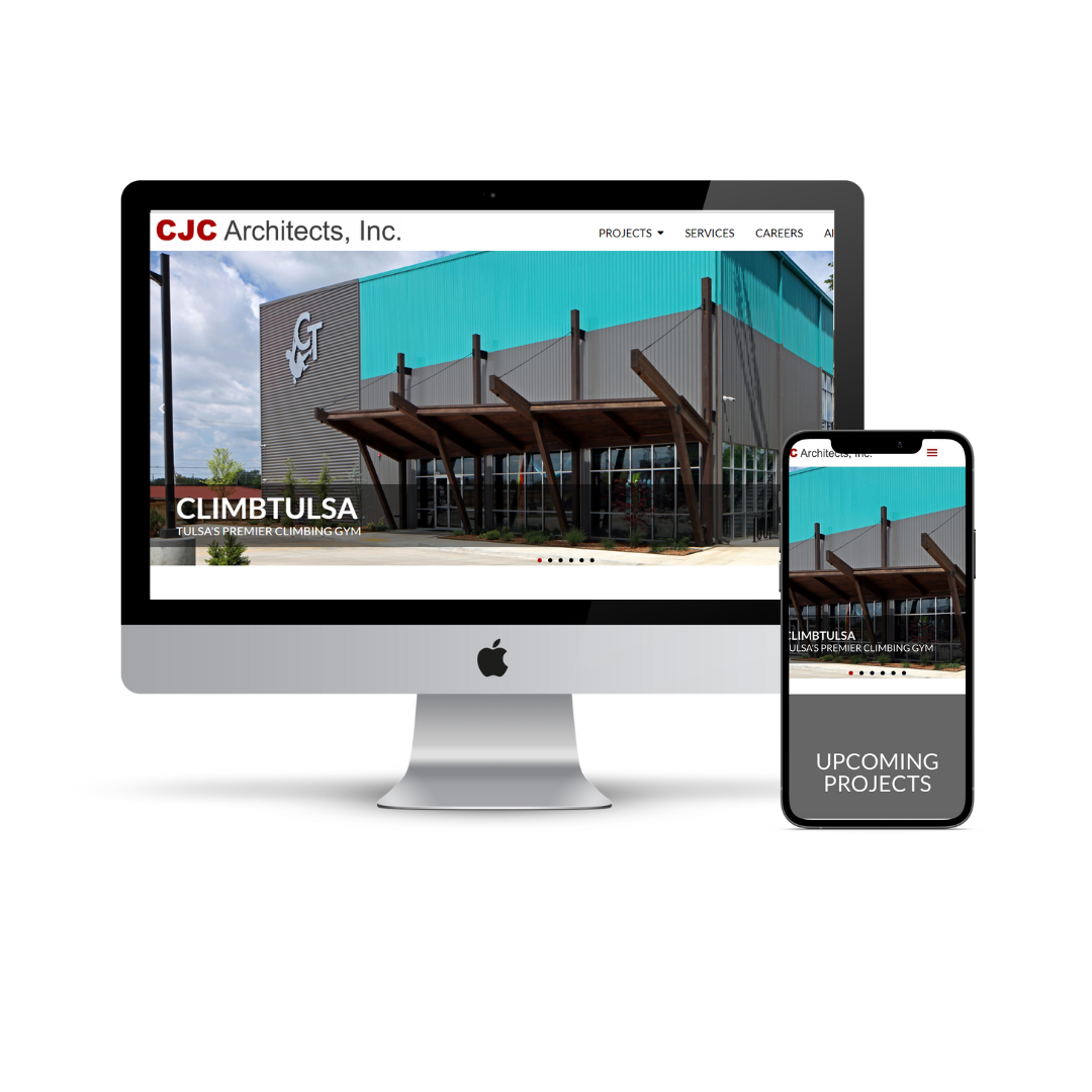 A computer screen and phone screen showing the website Quantus Creative created for CJC Architects.