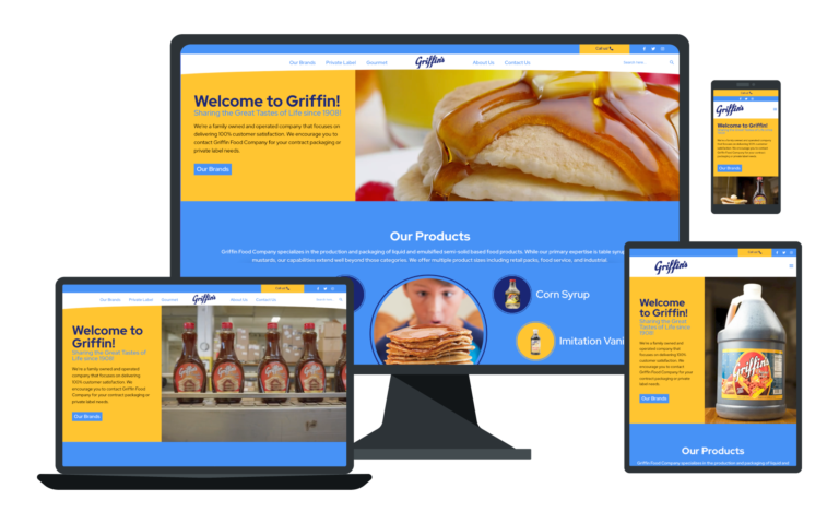 A computer screen and phone screen showing the website Quantus Creative created for Griffin Foods.