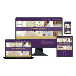 A computer screen and phone screen showing the website Quantus Creative created for Cam's Purple Corner